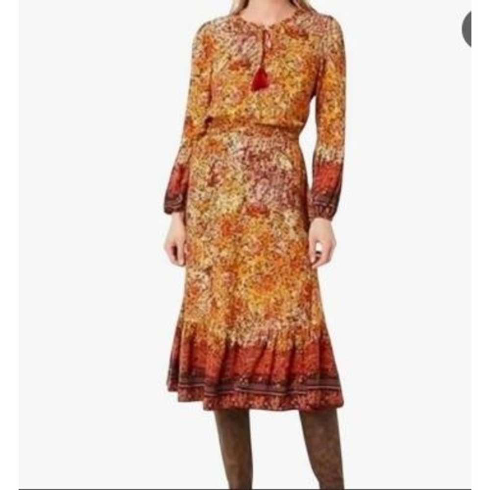 Frye and Co Womens Orange Floral Boho Midi Dress Long Sleeve Tassel Size Large